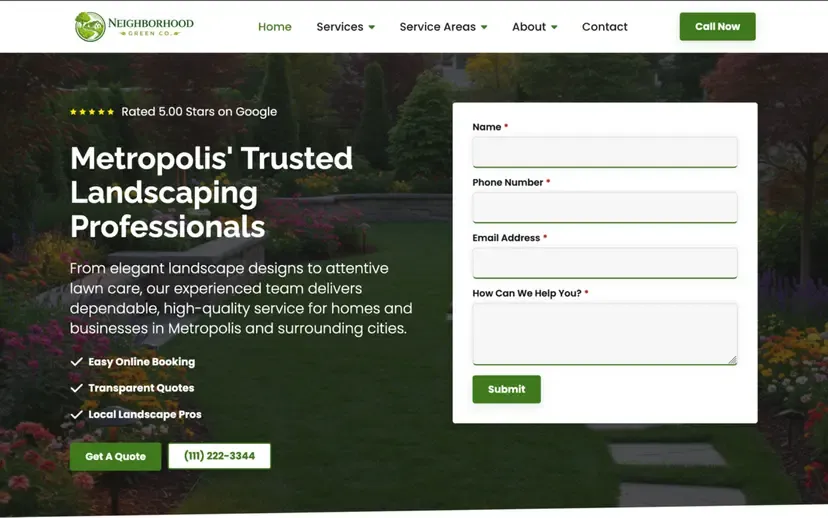 A polished landscaping contractor website with a Google 5-star badge and a clear contact form, showing the kind of site Rank tunes to match your Google profile