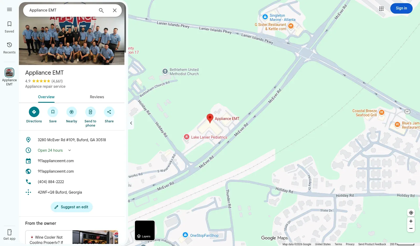 Appliance EMT Google Business Profile showing 4,661 reviews at 4.9 stars