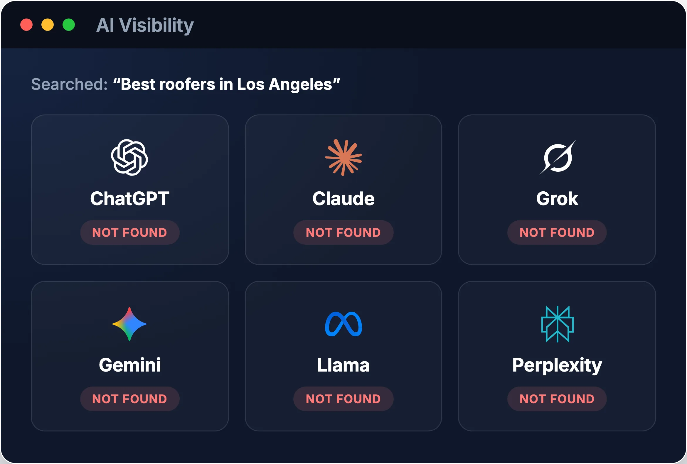 AI visibility check across ChatGPT, Claude, Grok, Gemini, Llama, and Perplexity