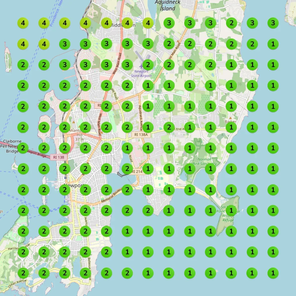 The same map grid showing top-three rankings across the whole service area