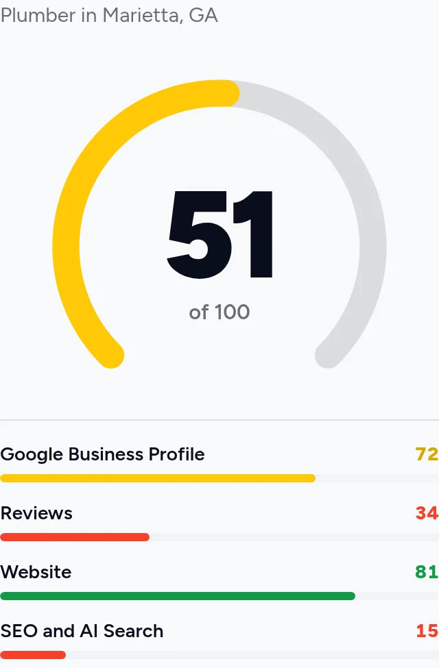A scan score of 51 out of 100, with separate scores for Google Business Profile, Reviews, Website, and SEO and AI Search