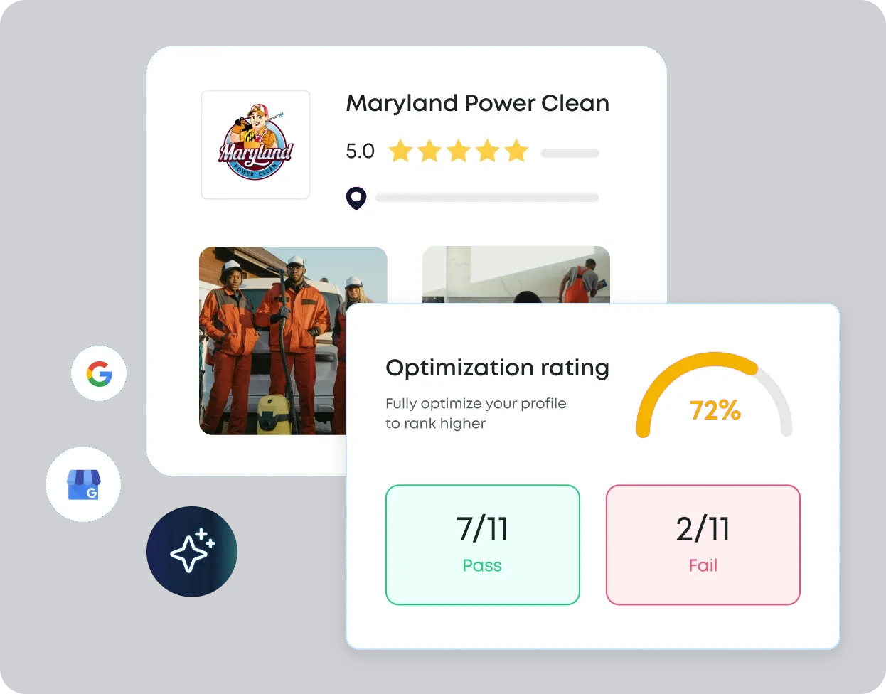 A Google Business Profile with a 72% optimization score, seven signals passing and two failing, showing the fields Axle fixes to move you up the map