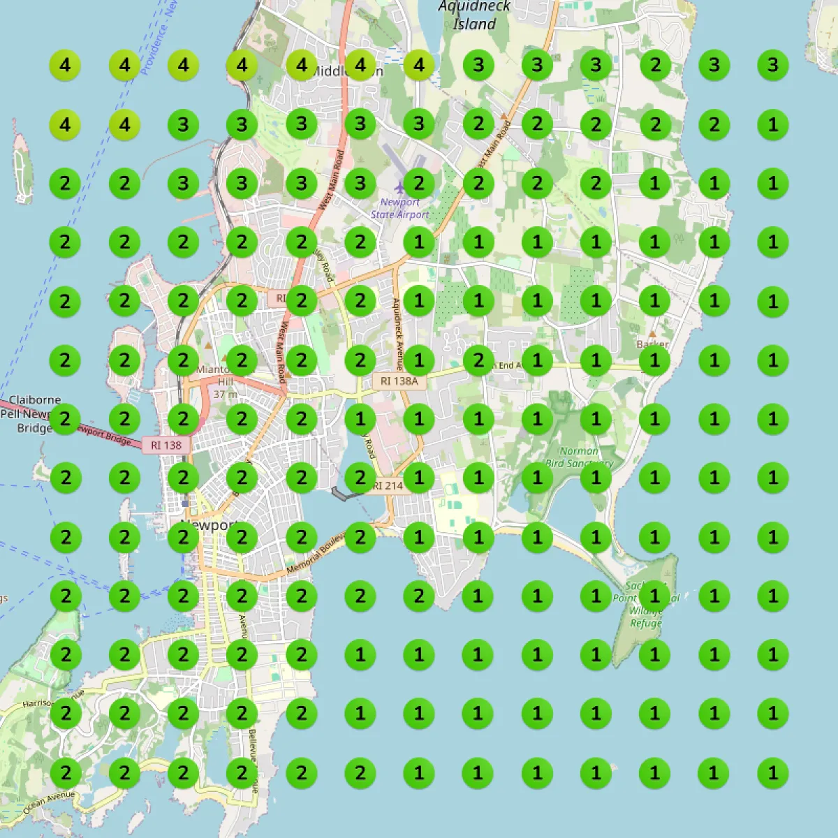 The same map grid showing top-three rankings across the whole service area