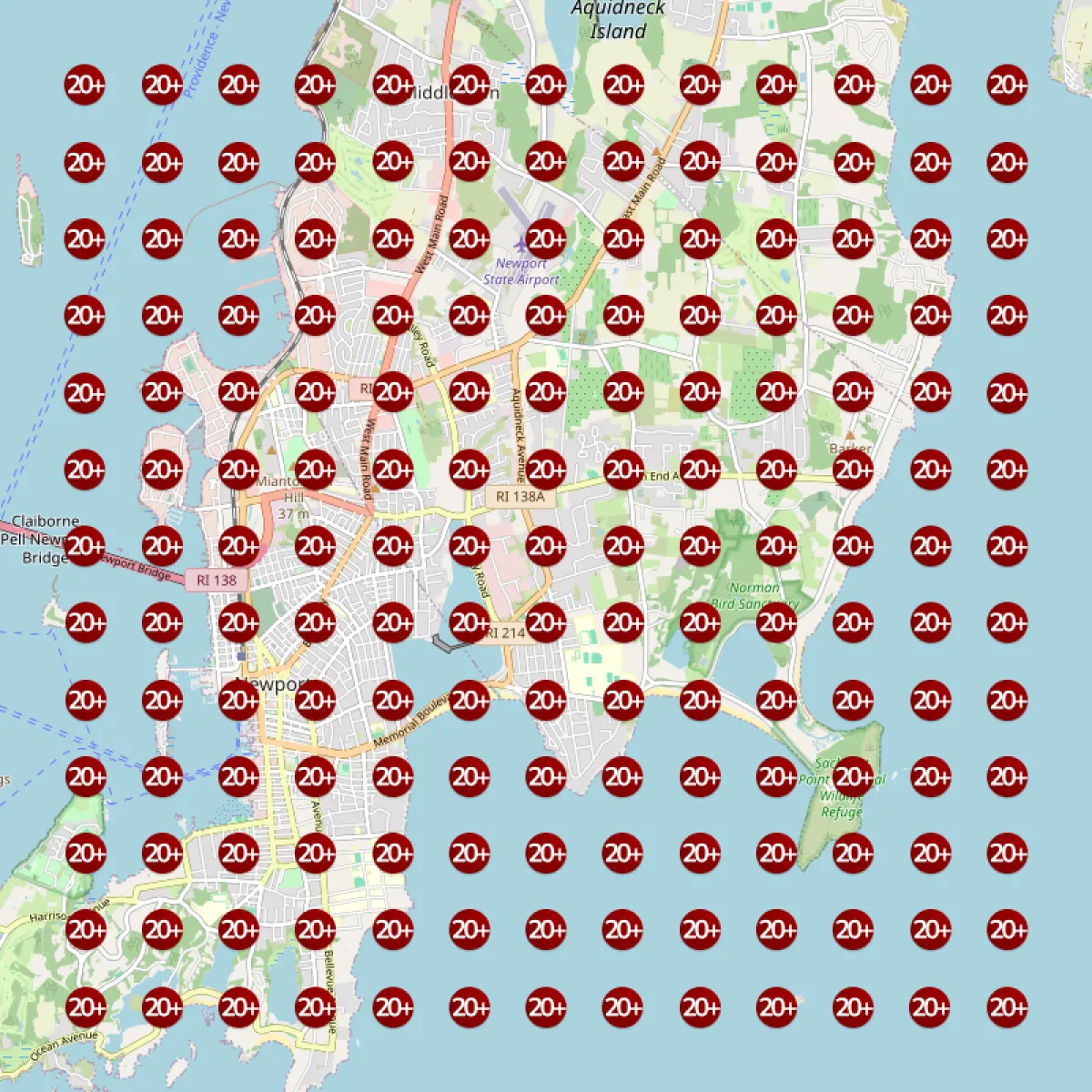 Map grid showing the business ranking 20+ (off the map) across the whole service area