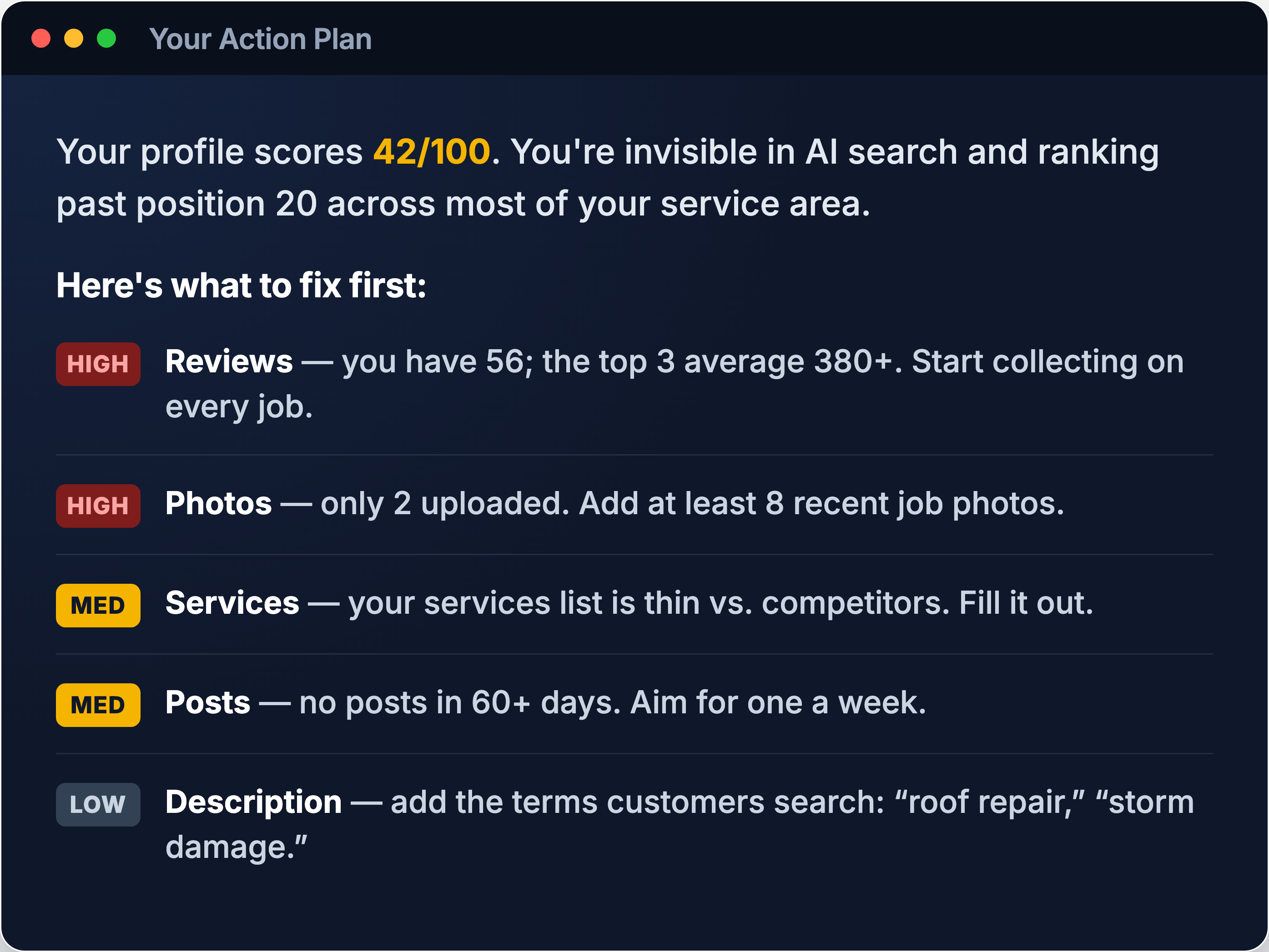 AI-written audit summary with a prioritized list of fixes